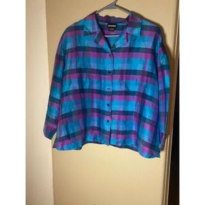 XL vtg 100% silk blue/purple plaid notations button down long sleeve top